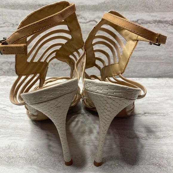SCHUTZ Snake Print Caged High Heels Leather Sole White Tan Open Toe Ankle Strap - Picture 6 of 16